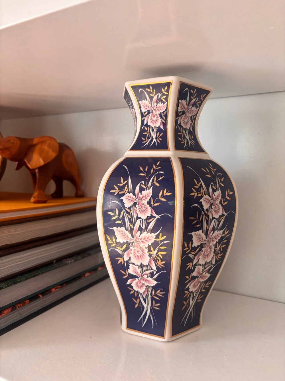 Vintage Hexagonal Porcelain Vase Cobalt Blue Pink Orchid Floral Gold Accents 10”